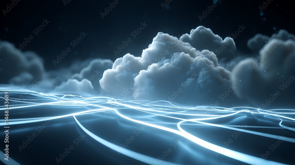Fototapete A cloud network with glowing lines representing the flow of data between servers, computers, and mobile devices