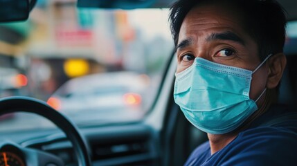 Cautious taxi driver wearing a protective face mask for passenger safety during pandemic