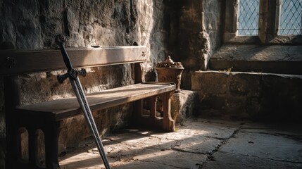 Rustic Wooden Bench with Sword - Medieval Fantasy Concept