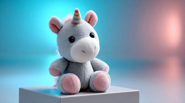 Cheerful unicorn stuffed toy in pink and aqua shades, lit with blended ambient studio lights &ndash; Image 4K UHD
