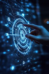 Hand interacting with a futuristic digital blue holographic circular interface with various icons and data points in a dark environment