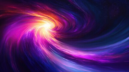 Vibrant swirling cosmic vortex with bright glowing center emitting purple, pink, orange, and blue nebulous light streaks creating a dynamic outer space scene