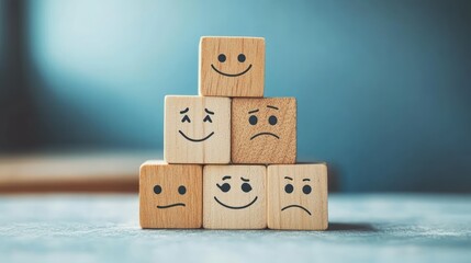 Stack of wooden blocks with various hand-drawn emotional faces expressing happiness, sadness, confusion, and contentment on a blurred neutral background