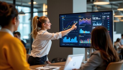 Confident Female Leader Pointing at Data Visualization During Business Meeting in Modern Office Environment