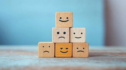 Wooden blocks stacked in a pyramid with various smiley and sad faces representing different emotions and expressions on a blurred background