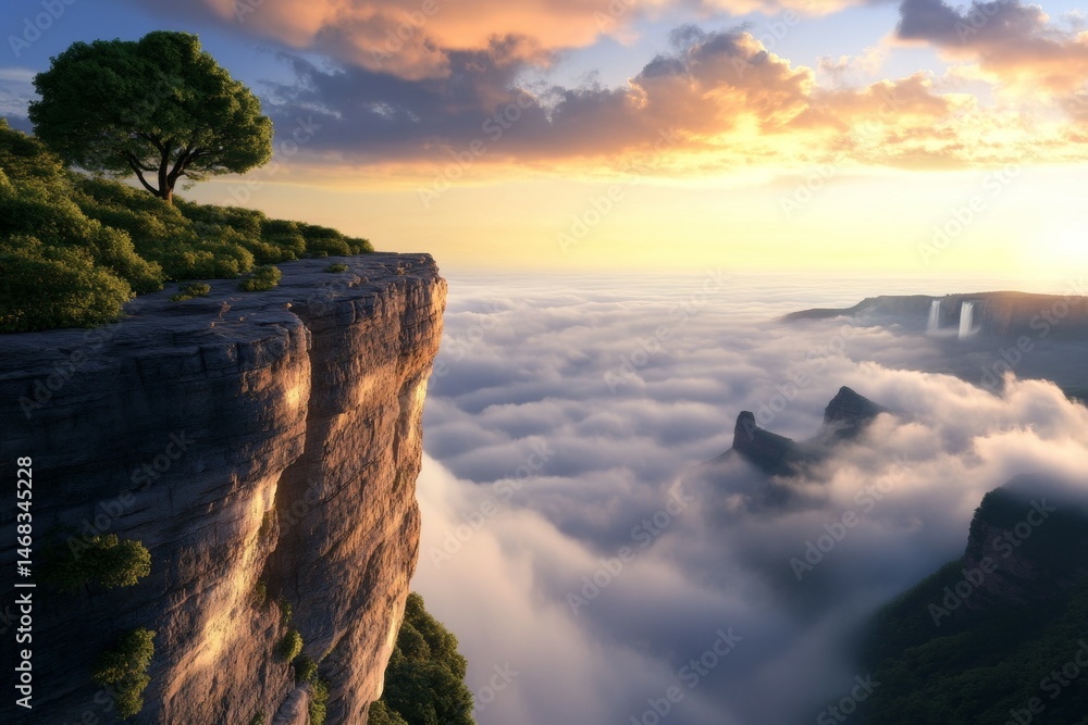 Poster a mountain range with a tree on top of a cliff