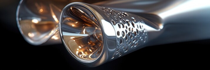 Close-up of shiny metallic cylindrical tubes with perforated patterns reflecting warm lights in a dark background, showcasing sleek modern industrial design