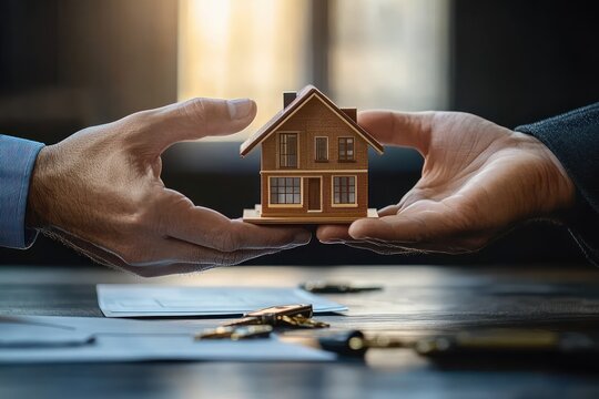 Two people exchanging a small model house indoors with keys and documents on the table symbolizing real estate transaction and trust