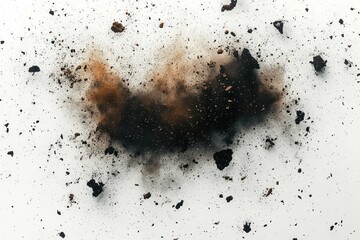 Dynamic burst of dark ash and brown dust particles scattered against a clean white background creating a dramatic and chaotic visual effect