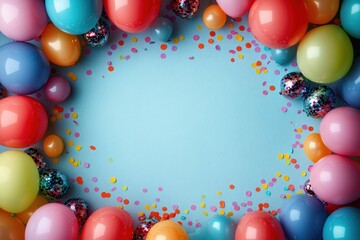 Colorful balloons and confetti arranged in a circular frame on a light blue background creating a festive and cheerful atmosphere
