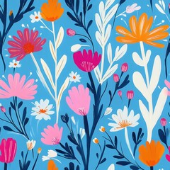 Colorful floral pattern with bright pink, orange, white, and dark blue flowers and leaves on a blue background, evoking a cheerful and vibrant mood
