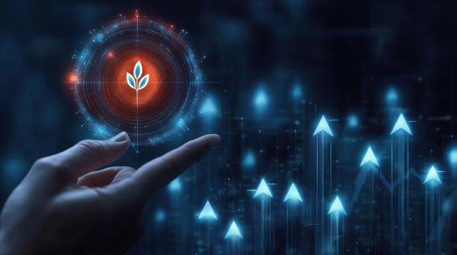 Hand pointing to a glowing digital plant icon surrounded by circular data graphics with upward blue arrows indicating growth and progress in a dark futuristic setting