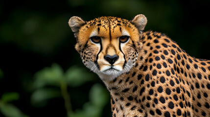 Closeup Cheetah Portrait Against Dark Forest Background