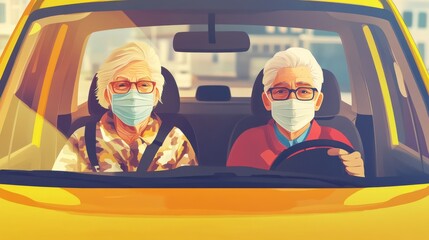 Senior couple wearing masks inside yellow car on a bright sunny day