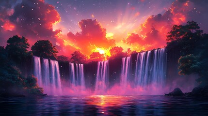 Dreamy sunset pours color over scenic waterfall high resolution image