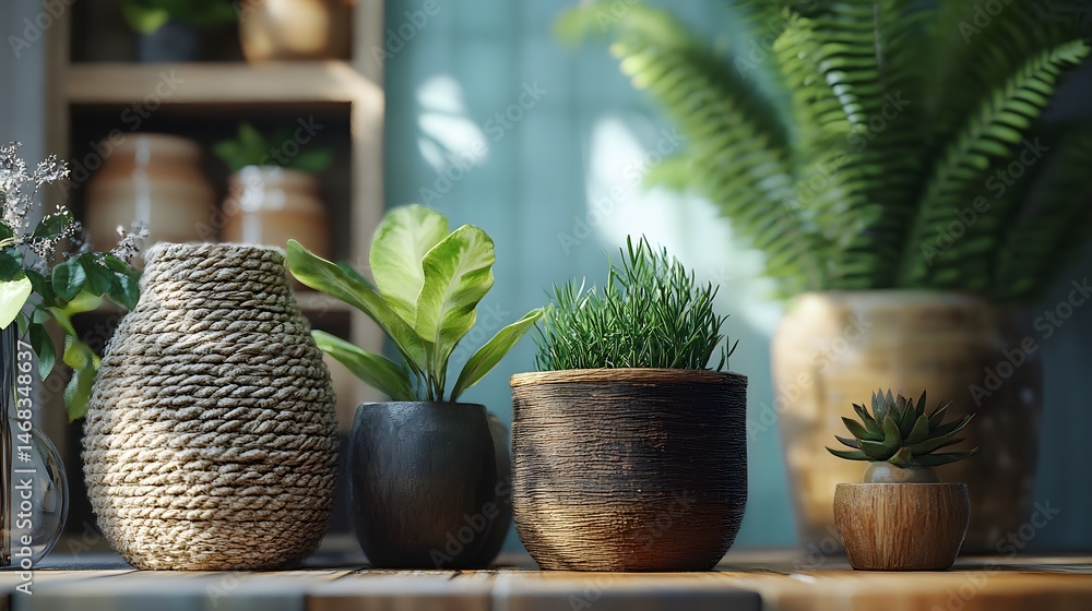 Poster a comparison setup featuring non-biodegradable and biodegradable pots with a variety of plants on a 