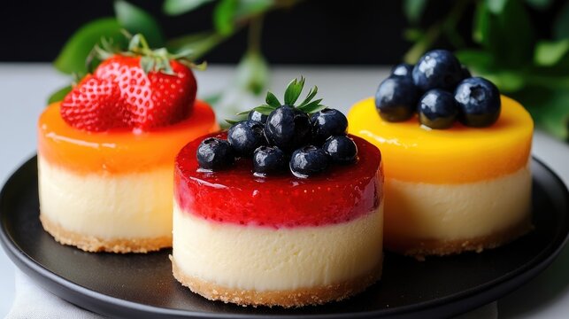 Cheesecake trio featuring strawberry, blueberry, and mango toppings in a modern setting - Powered by Adobe
