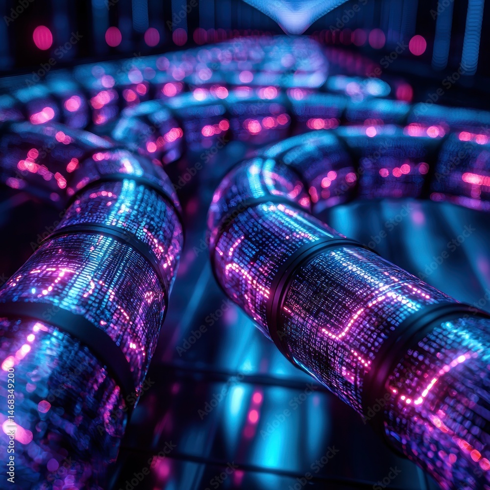 Poster glowing pipes flow data in abstract network tunnel