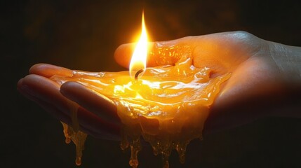 Close-up of a hand holding a melting lit candle with warm glowing flame and dripping wax against a dark background, evoking warmth and fragility