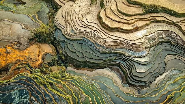 Aerial view of colorful layered landforms showcasing natural patterns and textures in a serene landscape