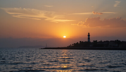 Sunset over the ocean highlighting a lighthouse and coastal landscape near the shore