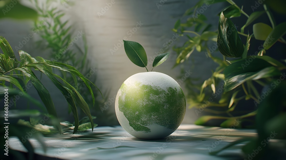 Poster fresh green with a leaf resting on a simple surface representing nature's pure and unprocessed beaut