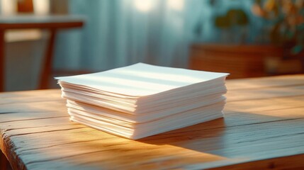 Stack of blank white papers placed on a wooden table with soft natural light and warm indoor background