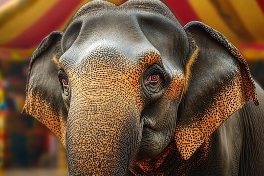 close-up of an elephant with textured skin and expressive eyes under warm lighting with a colorful blurred background