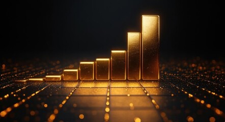 Golden 3D bar graph with glowing golden dots on a dark grid background representing progress and growth