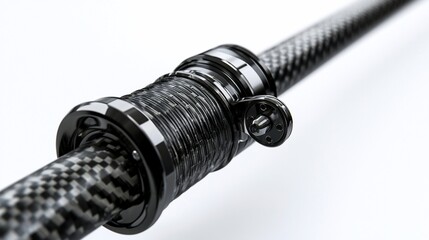 Close-up of a sleek, black carbon fiber rod with integrated reel