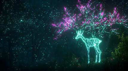 Glowing Deer Silhouette Under Illuminated Tree At Night