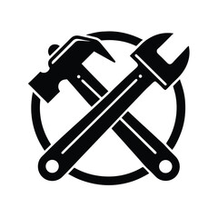 Black and white silhouette of crossed hammer and wrench with circle icon representing repair and construction