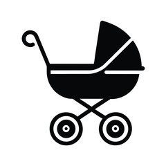Black and white icon of a baby stroller representing family parenting childhood and care on a clean background