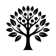 Black and white stylized tree illustration with leaves and circular fruits in a minimalist design on a white background