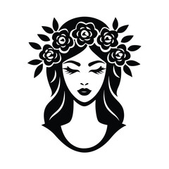 Beautiful woman with long flowing hair and a flower crown depicted in a simple elegant black and white vector illustration