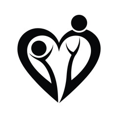 Black and white heart illustration depicting two abstract figures embracing within a heart shape representing care