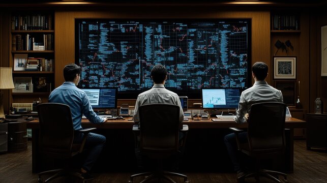 Security control room monitoring digital data streams and cyber threat analysis with specialist team viewing interactive display wall