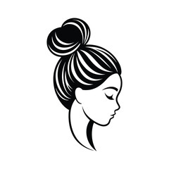 Elegant silhouette of a woman with a stylish bun hairstyle in black and white suitable for beauty and fashion designs