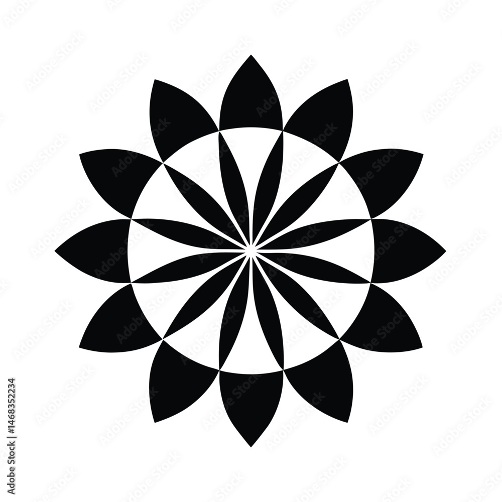 Poster black and white abstract flower pattern design with geometric shapes and symmetrical arrangement iso