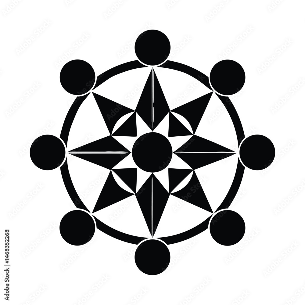 Poster abstract black and white geometric starburst design with circular elements arranged in a symmetrical