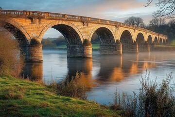 Fototapeta premium Stone arch bridge spanning calm river at sunrise with mist and lush green riverbanks in peaceful rural landscape