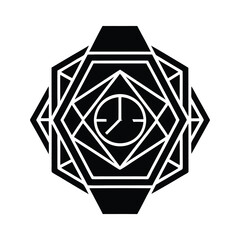 Abstract black and white geometric design featuring a clock face symbol within a complex shape composition