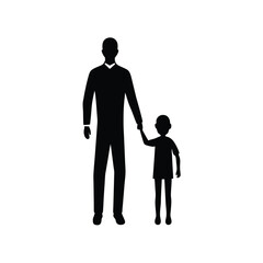 Silhouette illustration of a father holding his child's hand symbolizing family love and togetherness in black and white