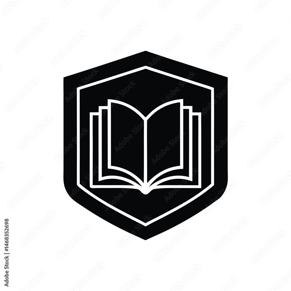 Poster simple icon of an open book inside a shield representing knowledge education and learning symbol