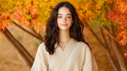 Woman In Kimono Under Autumn Maple Trees