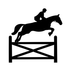 Silhouette of a horse and rider jumping over a fence in black