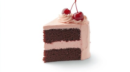 Layered chocolate cherry cake slice with cream filling and fresh cherry topping
