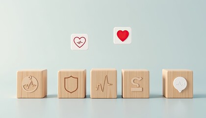 Symbolic representation of healthcare with wooden blocks featuring medical icons and floating heart symbols