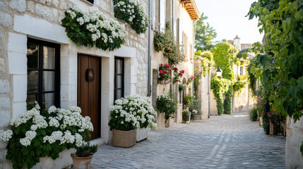 Fototapeta premium Charming cobblestone street in quaint village, adorned with blooming flowers and greenery