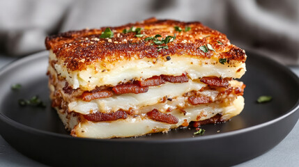 Delicious cheesy baked potato casserole with crispy layers and savory bacon
